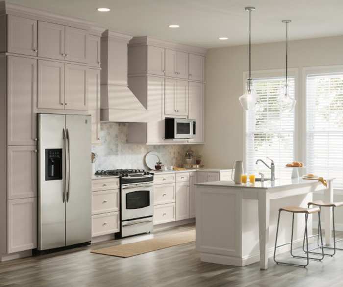 Two Tone Kitchen with Gray Cabinets and a White Island