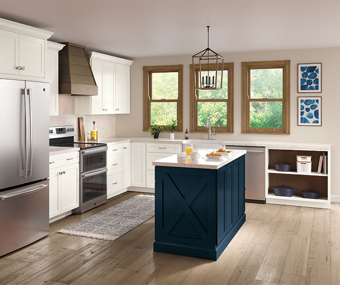 Casual Painted White and PureStyle™ Blue Kitchen Cabinets