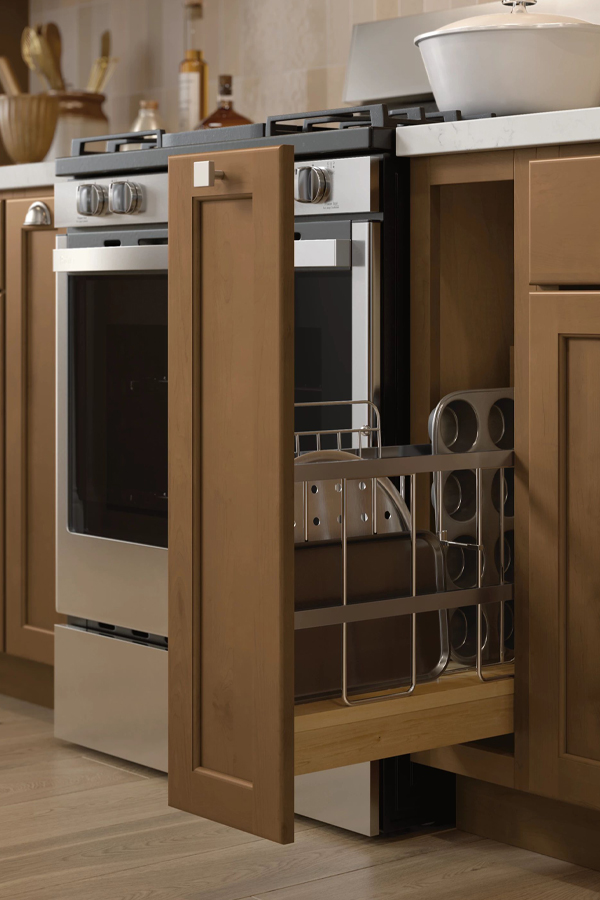 tray divider cabinet in natural wood pulled out