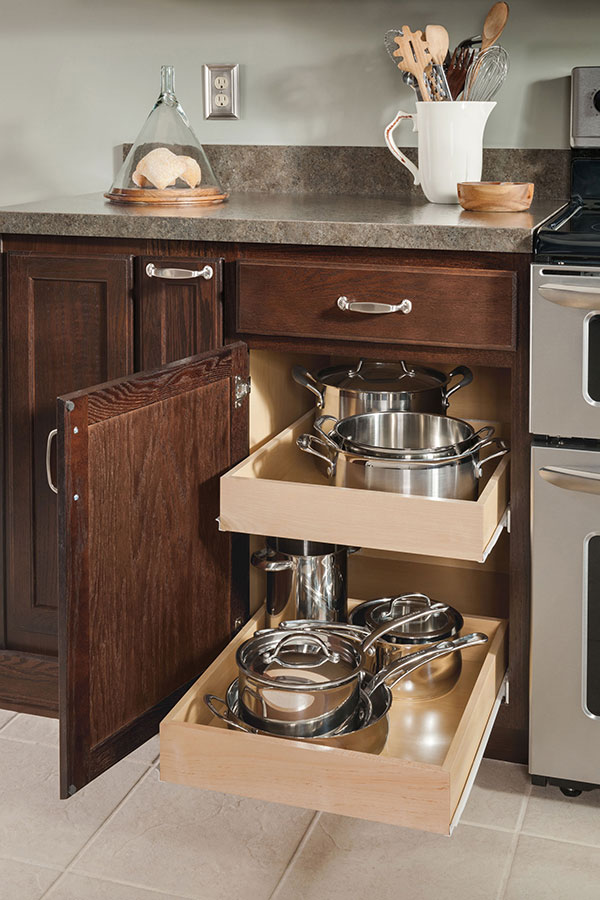 2 tier base roll tray cabinet with silver pots and pans