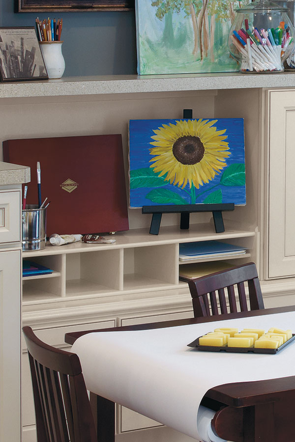 cubic organizer shelves on table with artwork displayed on top