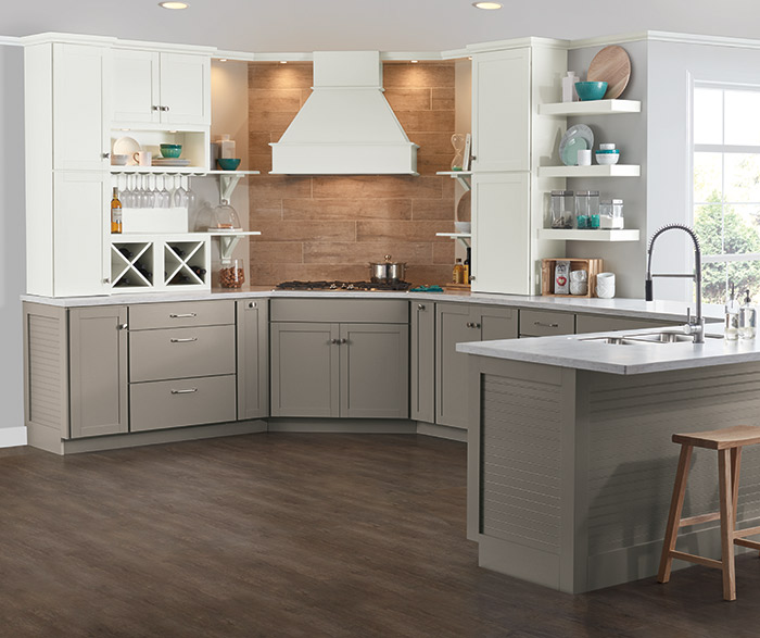 Brellin gray and white kitchen cabinets